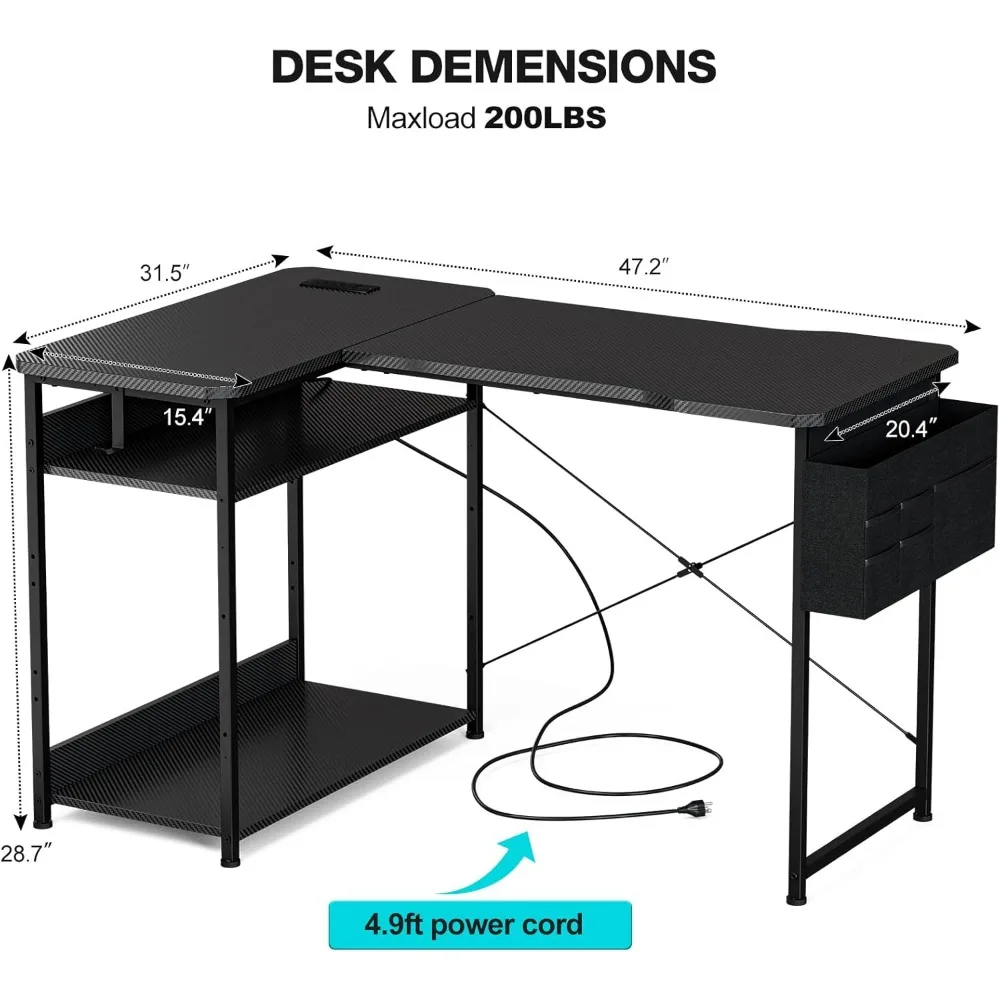 L-Shaped 48 Inch Gaming Desk with Power Outlets, Reversible Shelves, Storage Bag, Corner PC Desk for Computer