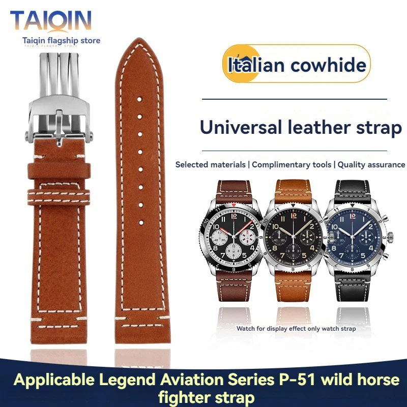 22mm Italy Genuine leather skin watchband For Breitling Legendary Aviation CLASSIC AVI P-51 MUSTANG Watch strap Men's bracelet
