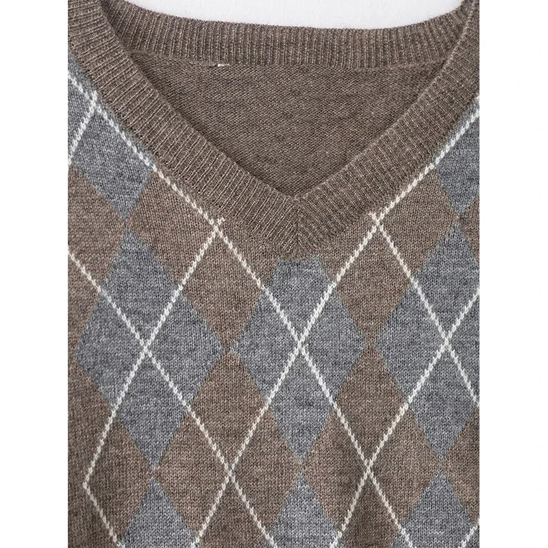 المرأة متماسكة البلوز سترة الخريف الشتاء موضة Argyle الخامس الرقبة طويلة الأكمام البلوزات Vintage ملابس خارجية الإناث شيك القمم #3