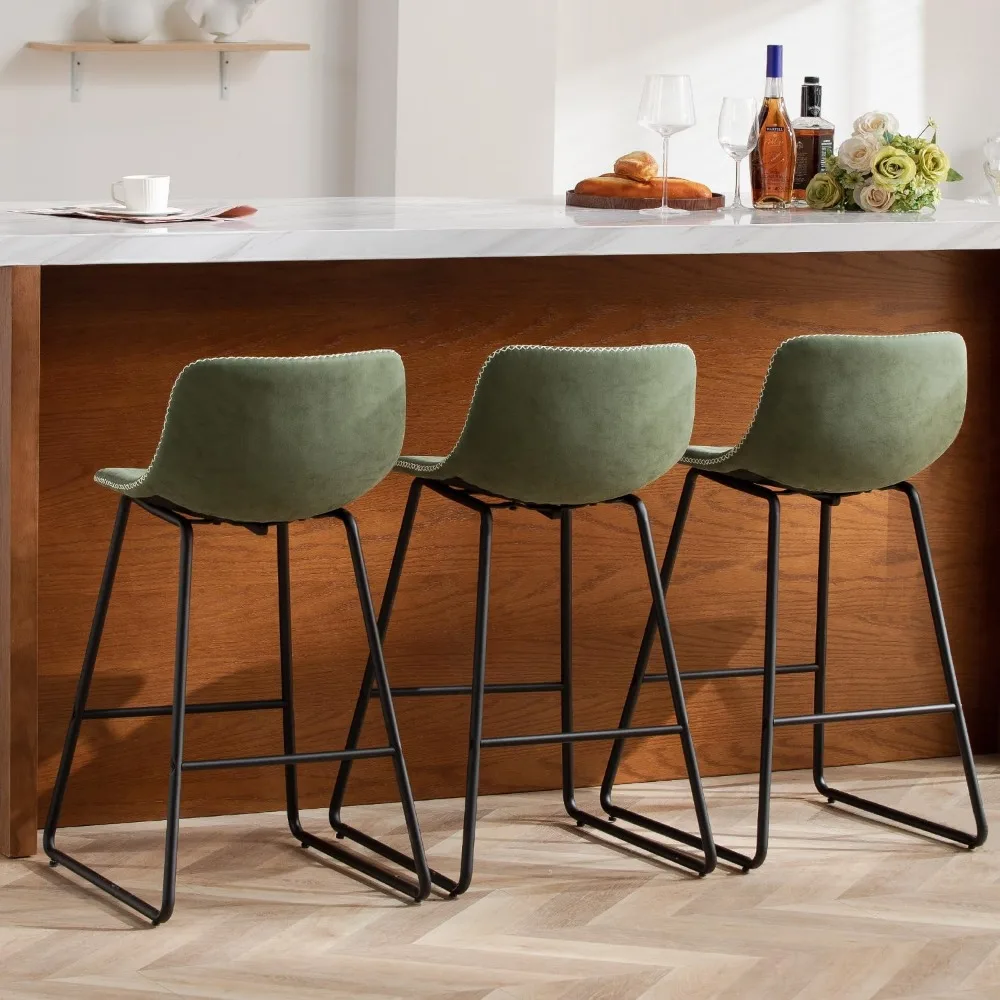 Green Bar Stools Set of 3, 26 Inch Barstools with Metal Legs Faux Leather Counter Height Bar Stools for Kitchen Island Modern