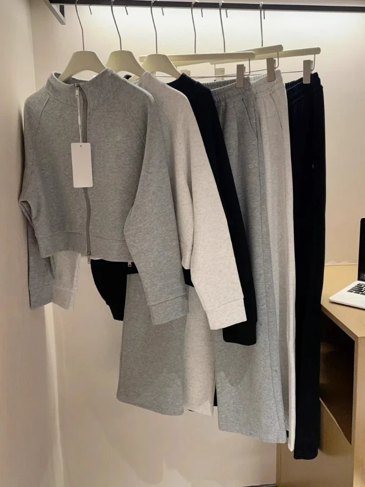 موضة فضفاضة مستقيم بنطلون امرأة الخريف الوقوف طوق عادية جاكيت زيبرا دعوى بلوزات Sweatpants 2 قطعة مجموعة ل