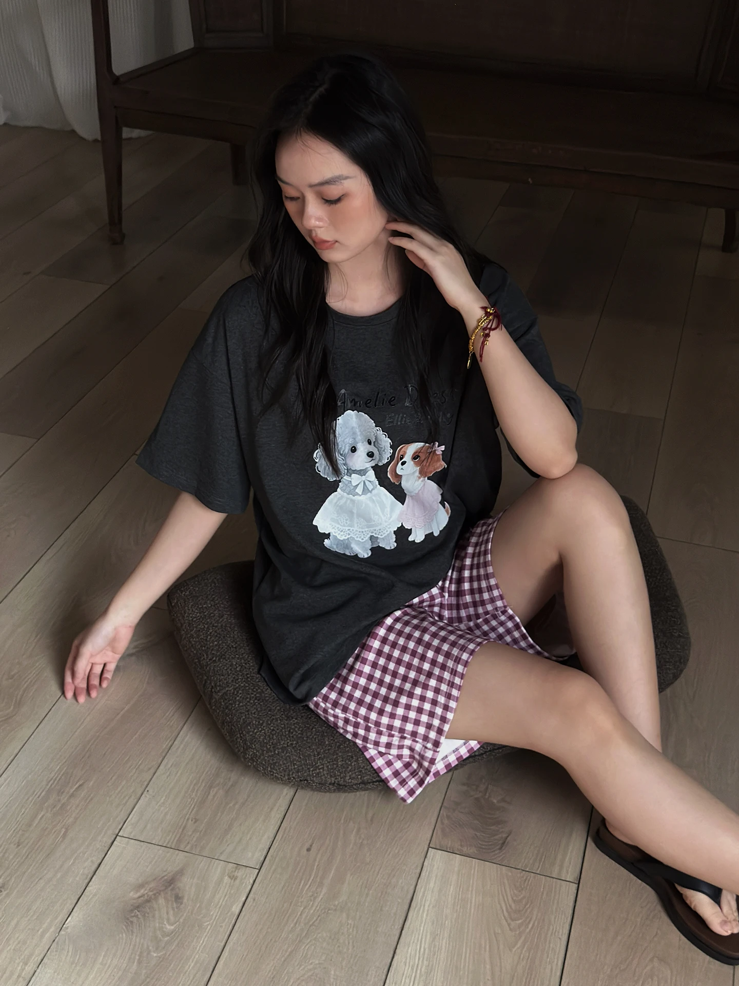 夏用綿パッド入り寝間着女性用一体型薄型半袖チェック柄ショートパンツホーム服セット屋外着用に適しています