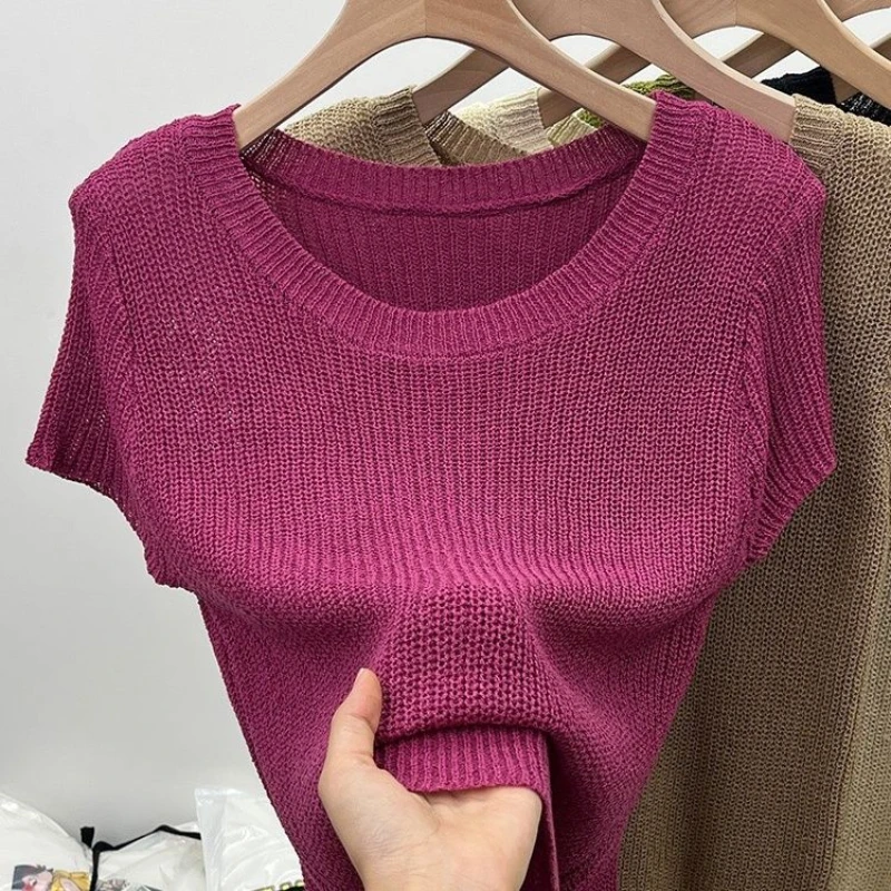 

Women's T-shirt Summer O Neck Knitted Fashion Blouse Female Short Sleeve Tees Solid Color Ice Silk Oversized T-shirt Women Q573