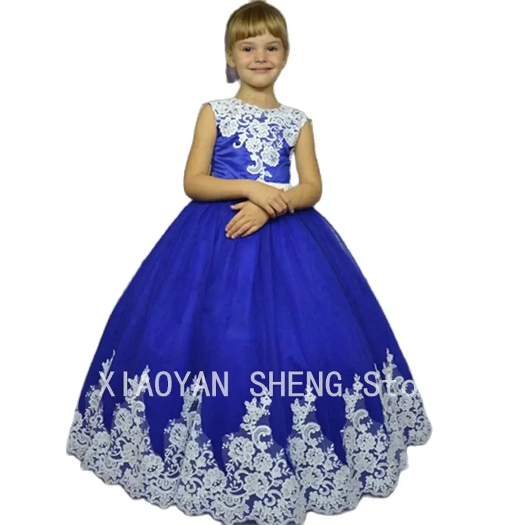 Blue Flower girl Dress, Long Flower Tulle Gown for Toddler, Long Train Dress for junior bridesmaid