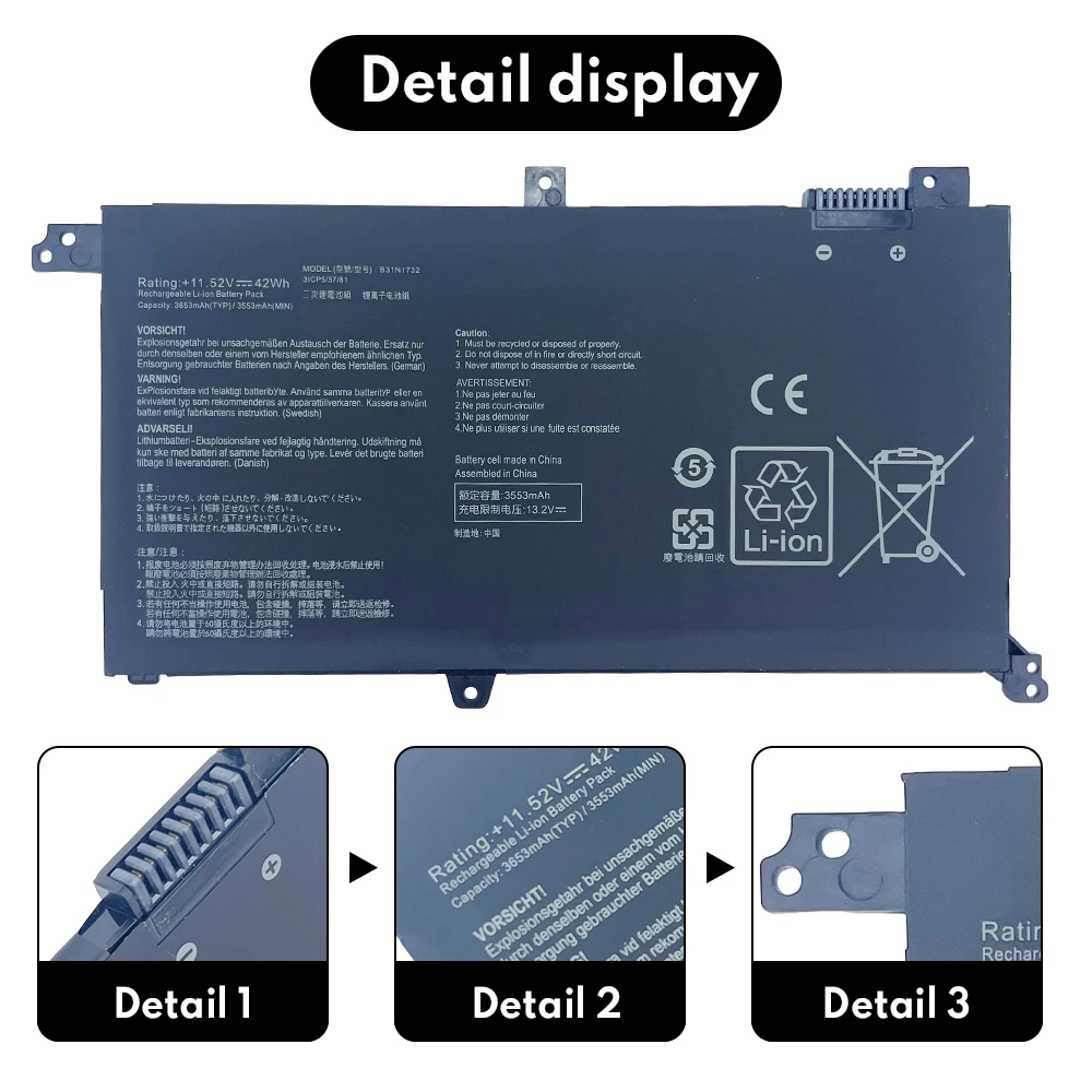 New B31N1732 Laptop Battery for ASUS VivoBook X430UF X430UA X430UN X430FA X430FN X571G X571LH X571GT 11.52V 42WH