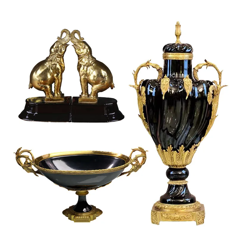 Ceramic with copper retro living room entrance decoration ornament, horn book stall villa flower insert fruit bowl trophy