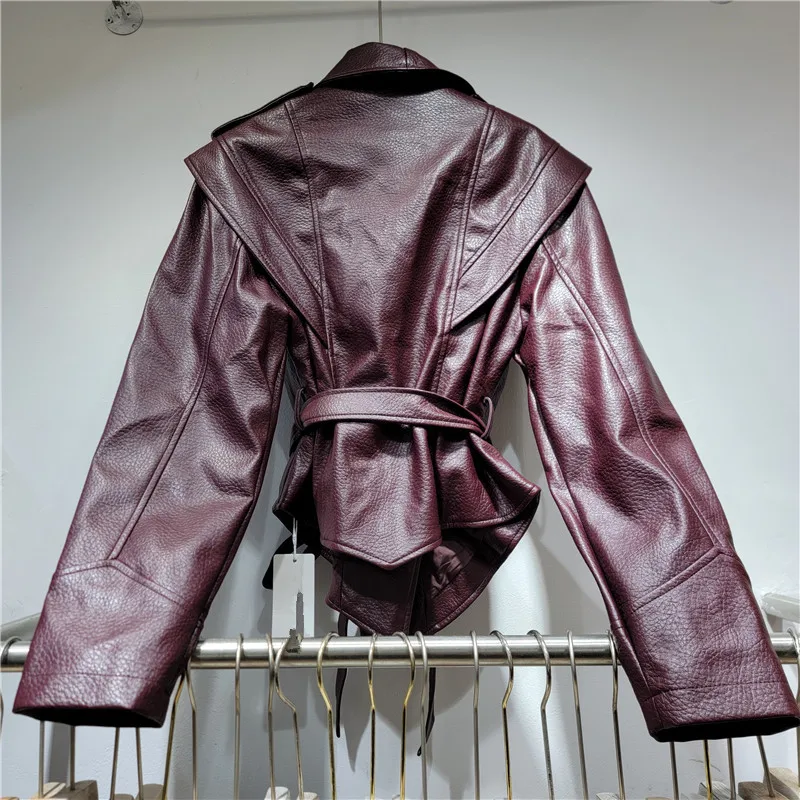 HKSH Women PU Leather Jacket Elegant Trendy Patchwork Sashes Waist-cinching High-end Solid Color Slim Vintage Short Coat HK26751