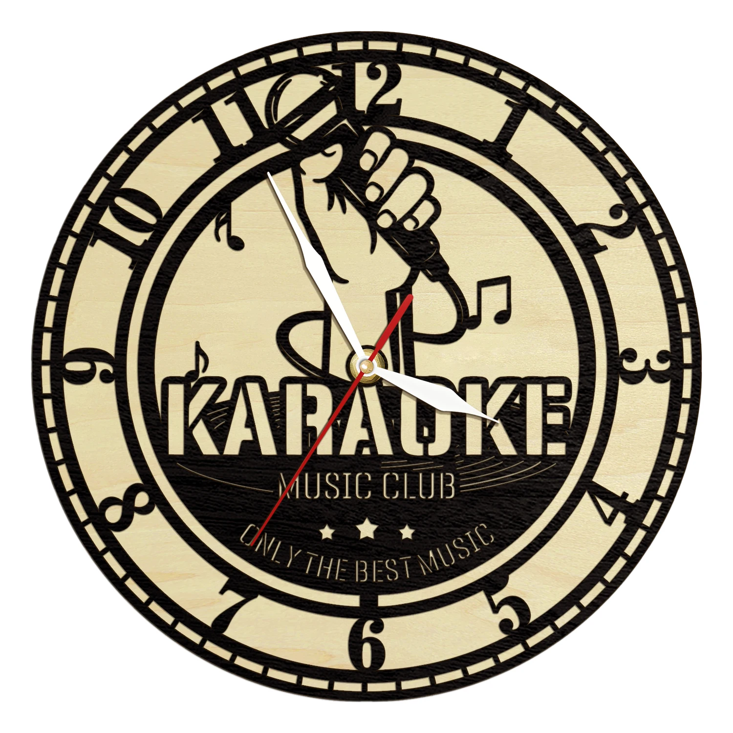 Karaoke Wooden Frame Wall Clock for Bar Pub Music Club Studio Microphone Laser Cut Living Hinge Wooden Clock Singing Lover Gifts