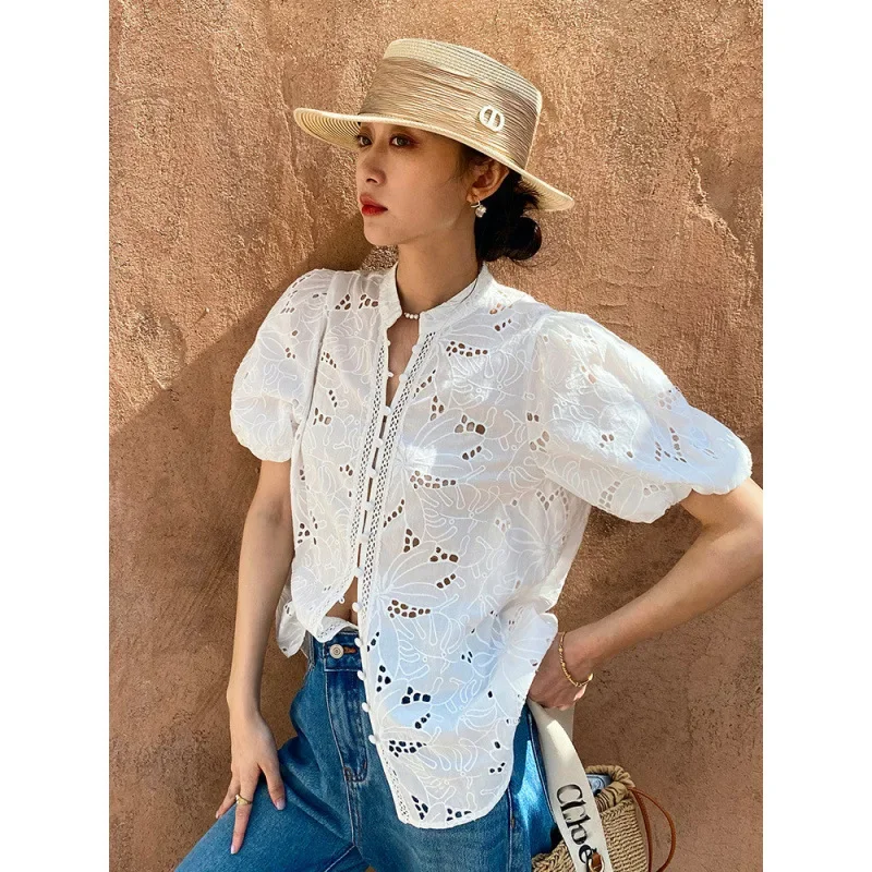 

2025 spring and summer new European and American French white shirt women's short-sleeved cotton embroidered women's shirt
