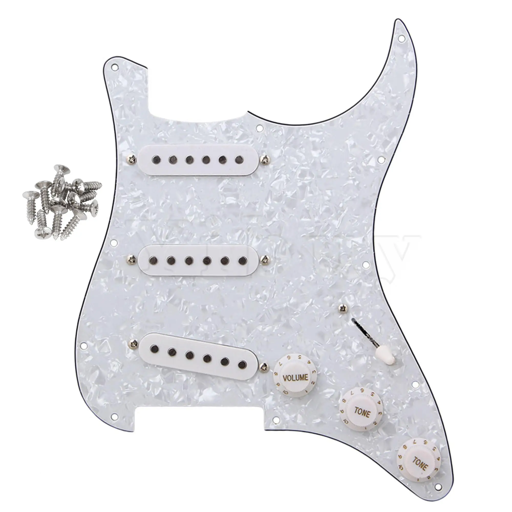 

Yibuy 6 PCS Loaded Pickguard White Pearl Three Layers of PVC 3 Single Coil Pickups 11 Screw Holes 5 Way Switch for Guitar