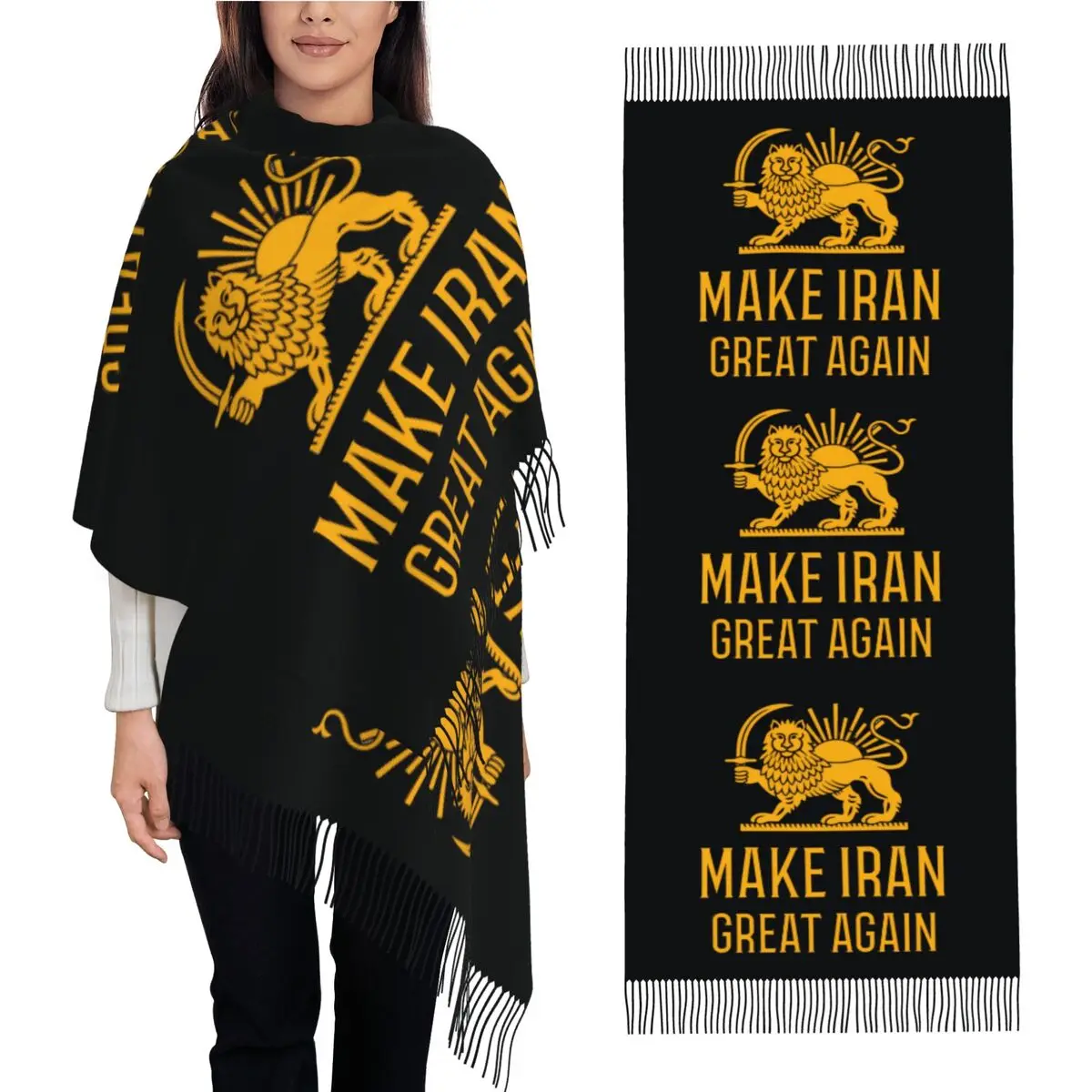 

Золотой шарф с львом и кисточками «Make Iran Great Again», женские уличные шали и накидки, зимние модные шарфы и палантины, буфанда