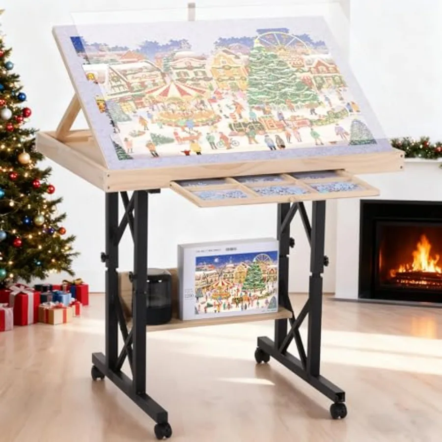 

1500 Piece Jigsaw Puzzle Table with Legs and Wheels, 5 Adjustable Tilting Angles and Height with Scales, Portable Wooden Puzzle