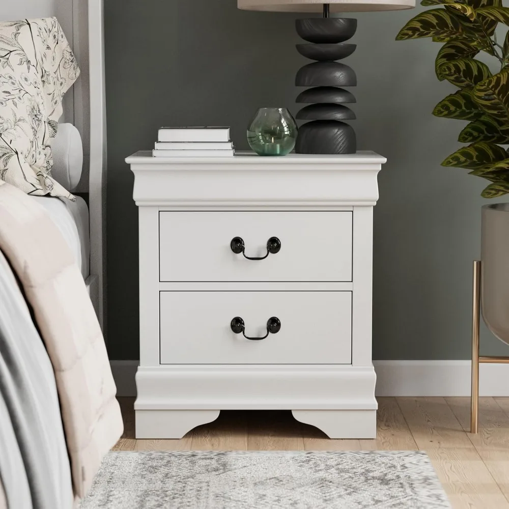 

Traditional Solid Wood Nightstand with Drawers and Antique Nickle Handles, Small Bedside Table