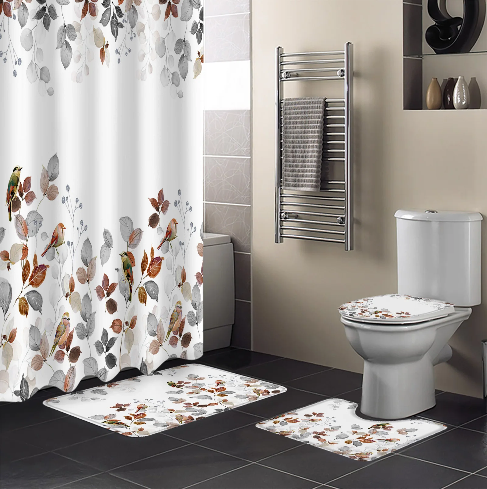 Country Style Leaves Robin Shower Curtain Non-Slip Rugs Toilet Lid Cover and Bath Mat Bathroom Curtains with Hooks