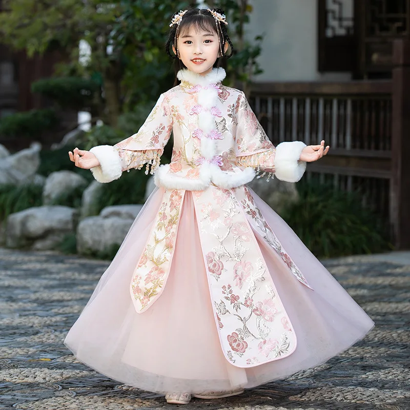 Costume Tang chinois en coton et lin pour filles, vêtements d'hiver rembourrés en coton avec broderie, pour le nouvel an, style Hanfu ancien