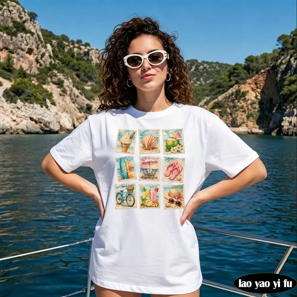 Retro Beach Stamp Shirt Vintage Sea Shell Tops Summer Beach Tees Ocean Graphic Women Shirt Gift for Her Summer Gift