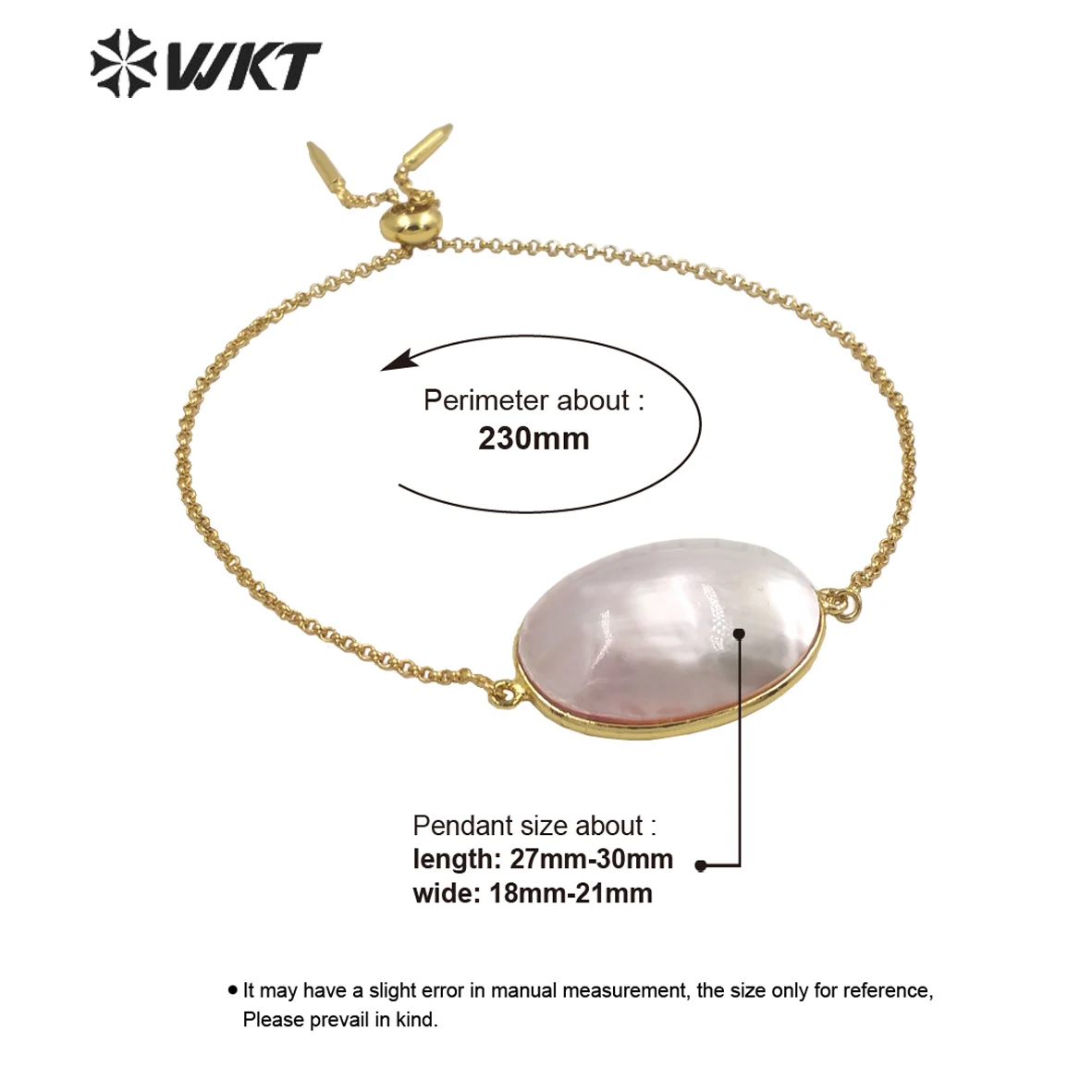 WT-MPB085 Wholesale Fashion Gold Plated Bullet Shape Chain Bracelet With Flash Mabe Shell Bracelet Women Wedding Decorative