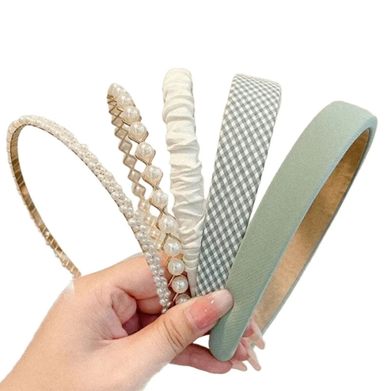 

Pearls Hairband Collection Pack Of 5 Adjustable Soft Headpieces Blue Color Variations Fashion Hair Ornaments