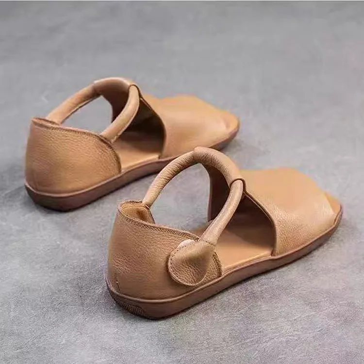 

Летние удобные простые женские сандалии на плоской подошве с открытым носком, повседневные женские сандалии из натуральной кожи с мягкой поверхностью в стиле ретро