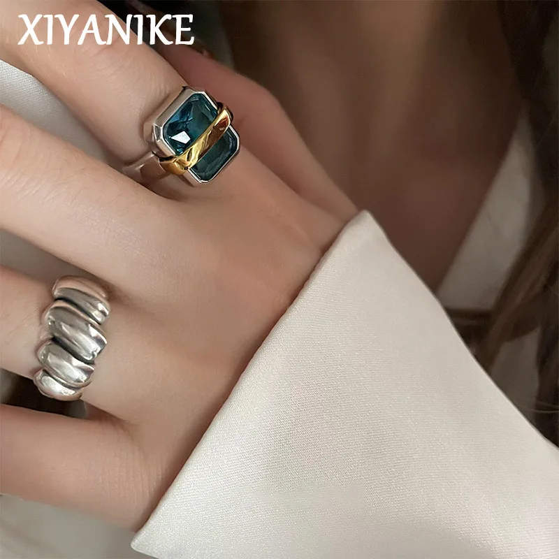 XIYANIKE Vintage Kwadratowe Pierścionki Otwarty Obrączka z Niebieskim Cyrkoniem dla Kobiet Nowa Koreańska Moda Biżuteria Prezent dla Dziewczyny na Imprezę кольцо ж