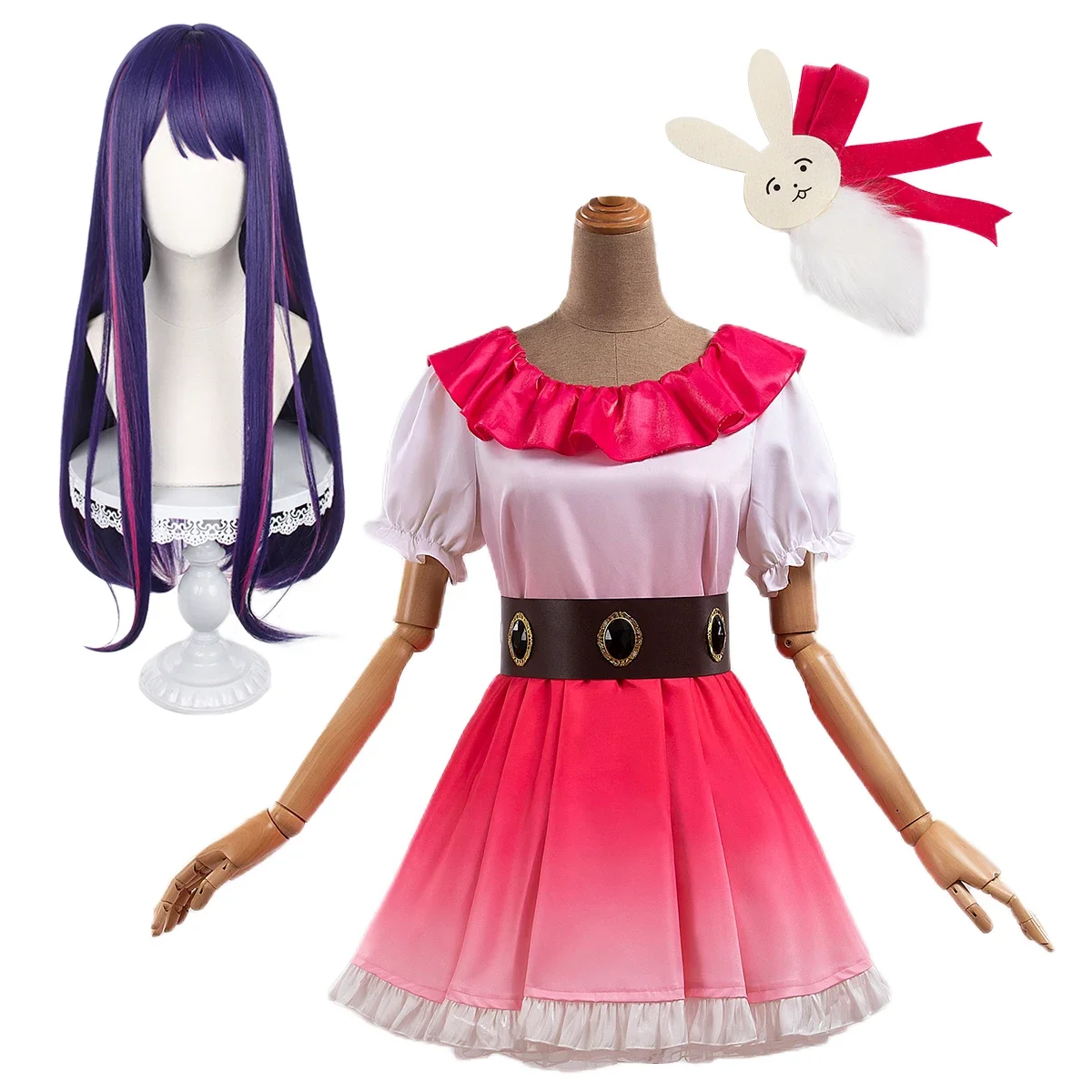 

Cosplay OSHI NO KO Anime Ai Hoshino Cosplay Costume Wig Gradient Pink Dress Skirt Bunny Hairpin Casual Wear Rose Net Synthetic