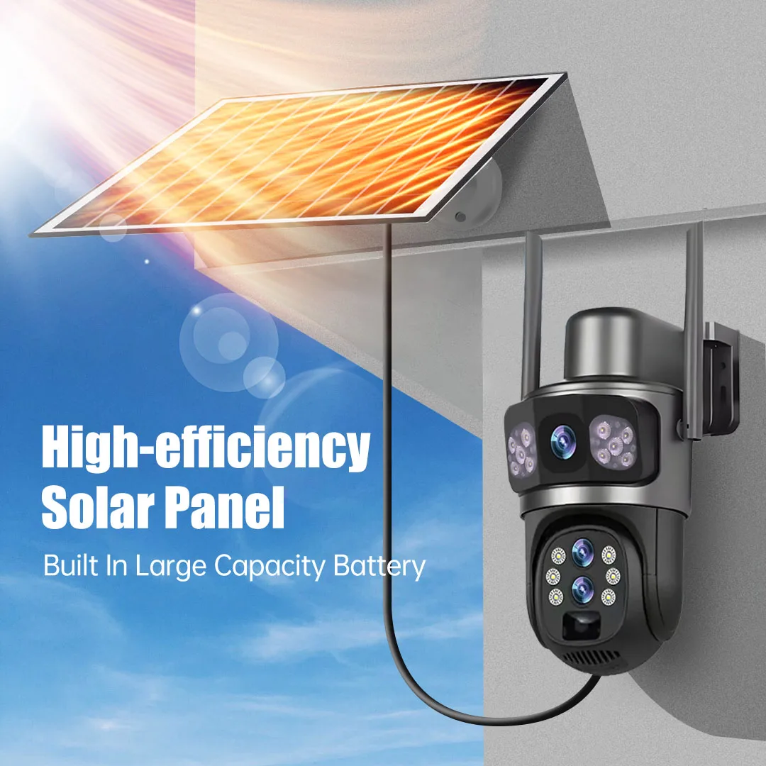 Three Lens 10X Zoom 4G Sim Solar Camera Outdoor 6K 12MP Security Surveillance Camera 360 Human Auto Tracking Solar CCTV V380 Pro