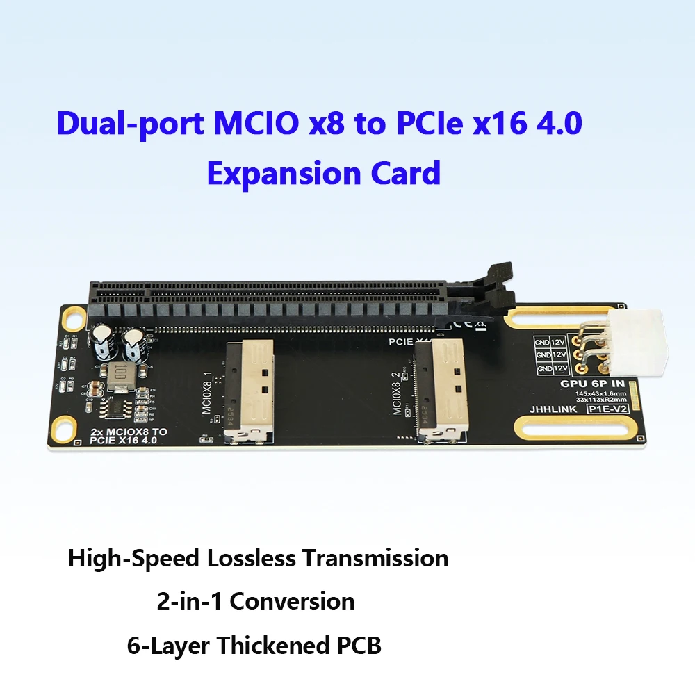 2 Ports MCIO X8 SFF1016 To PCIe X16 4.0 GEN4 Riser Card 2-in-1 Conversion Adapter Card 6-Layer Thickened PCB High Speed 6P Power
