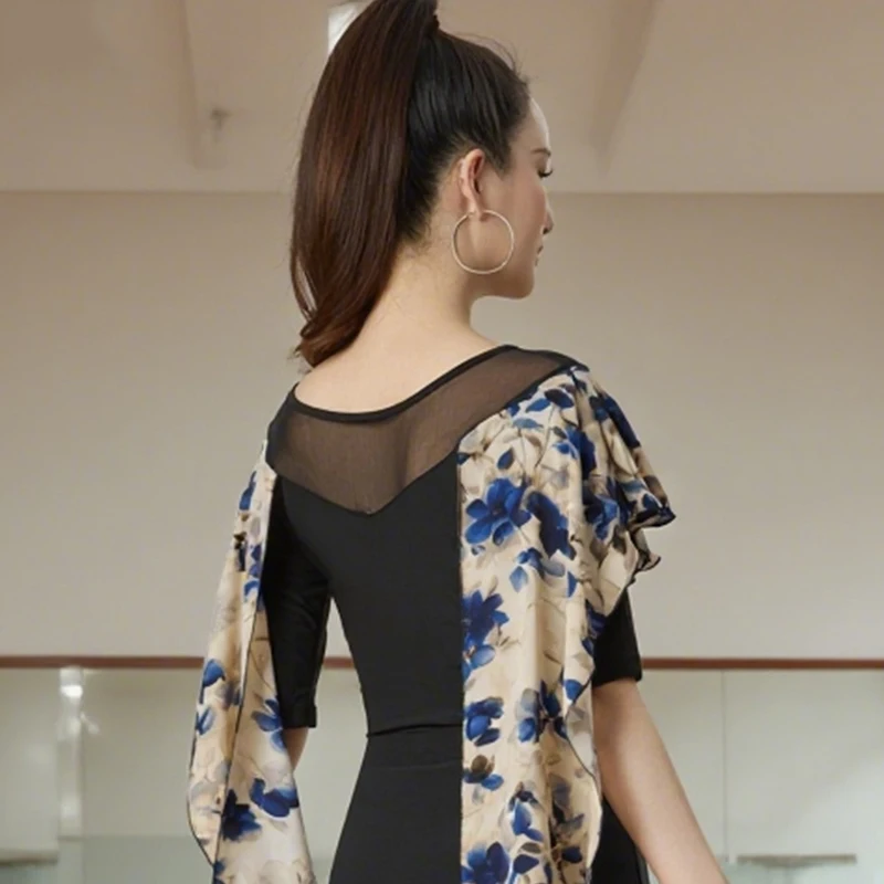 ملابس علوية لقاعة الرقص بأكمام عائمة للنساء شبكة سوداء ملابس الرقص الحديثة للبالغين ملابس ممارسة الرقص اللاتينية التانغو DW10843