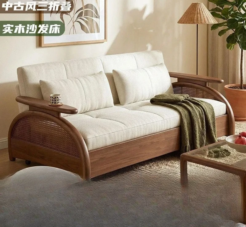 Solid Wood Sofa Bed Fabric Removable Washable Cat Scratch Resistant Folding Telescopic Sleeper Couch for Small Apartment