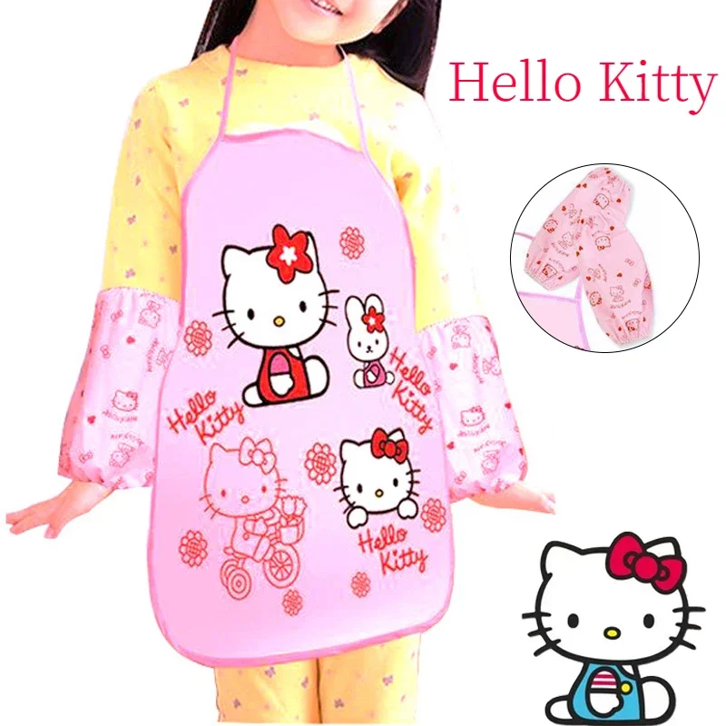 Hello Kitty Apron Set Kids Sleeveless Apron with Anti-dirty Sleeves Cartoon Children Water Proof Antifouling Housework Skirt