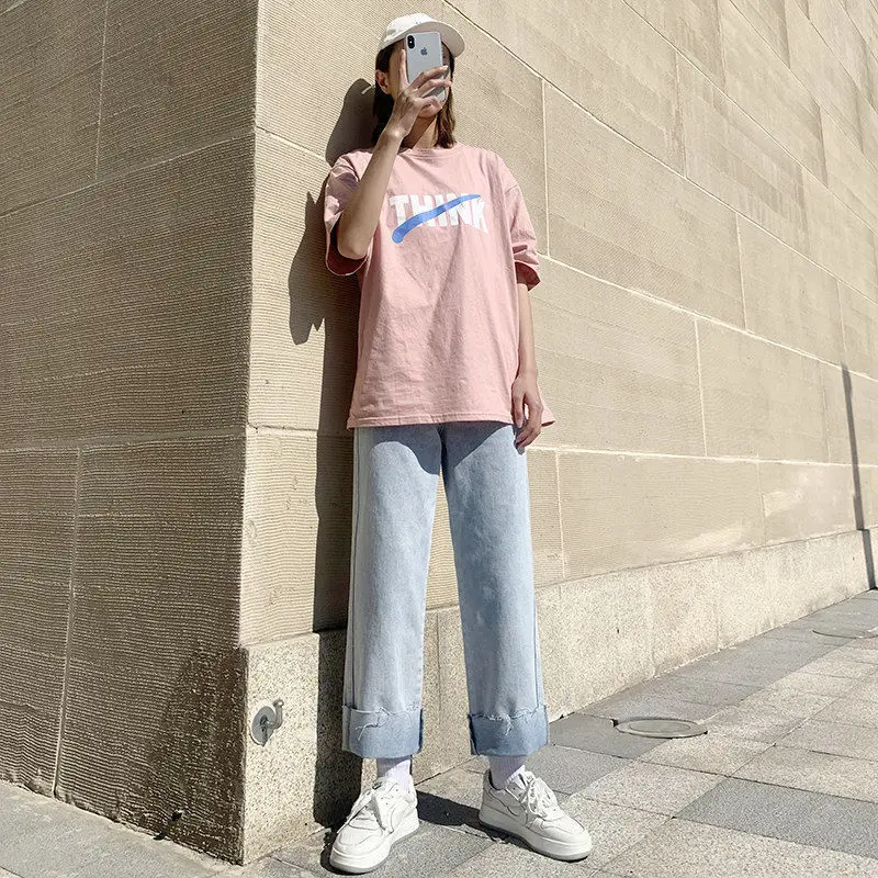 Jeans Women Washed Retro Wide Leg Loose Fashion Korean Style Sweet All-match High Waist Ankle-length Chic Females Spring Casual