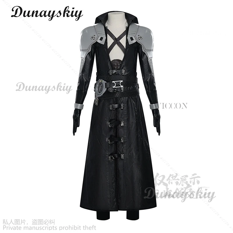 FF7 Sephiroth Cosplay Costume Black Fantasy Leather Coat And Long Grey Wig Cosplay Uniform Suit Full Set Roleplay Halloween Suit