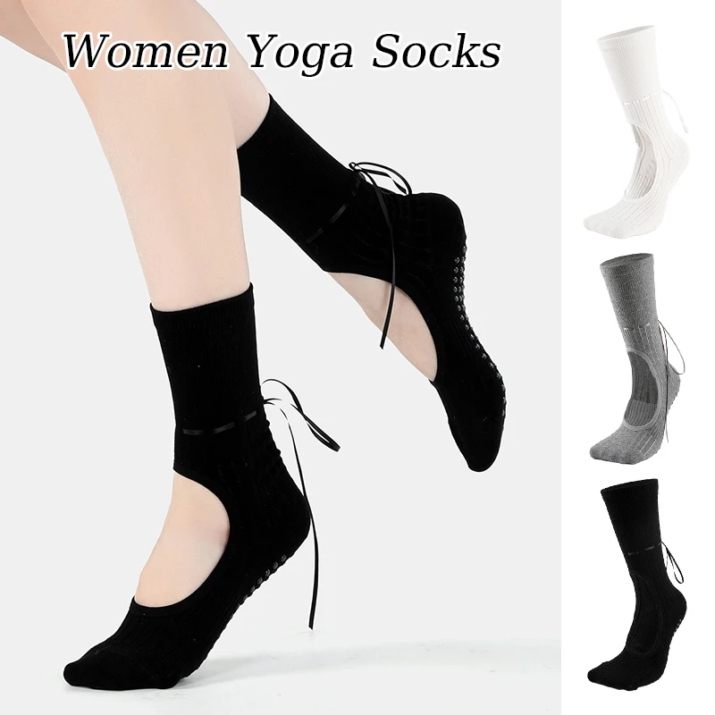 Women Yoga Socks Non-Slip Ballet Dance Fitness Pilates Workout   Socks Personality Drawstring Ribbon Lace-up Socks