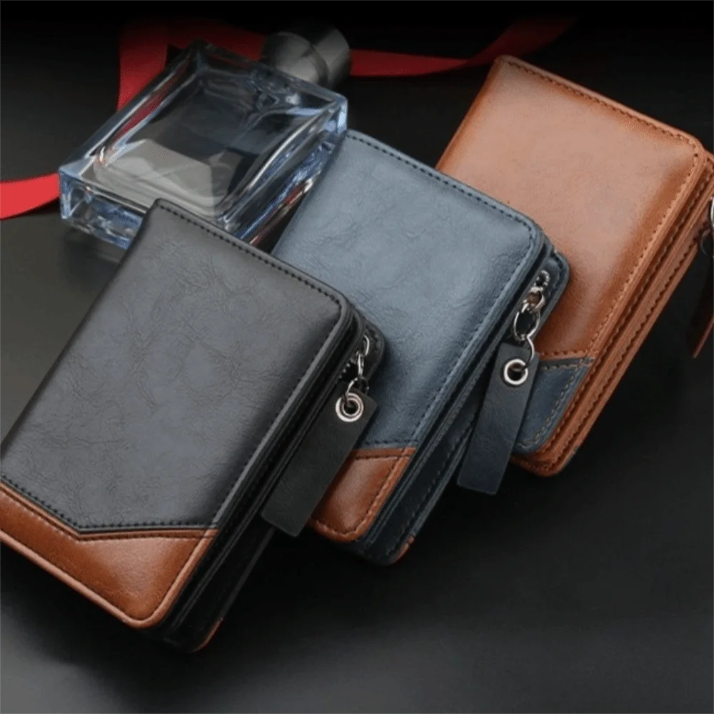 Dompet Pendek Pria Kulit PU Kasual dengan Ritsleting, Warna Kontras, Tas Clutch Bisnis, Dompet Koin, Slot Kartu Multi, Tempat Kartu Pria, Hadiah