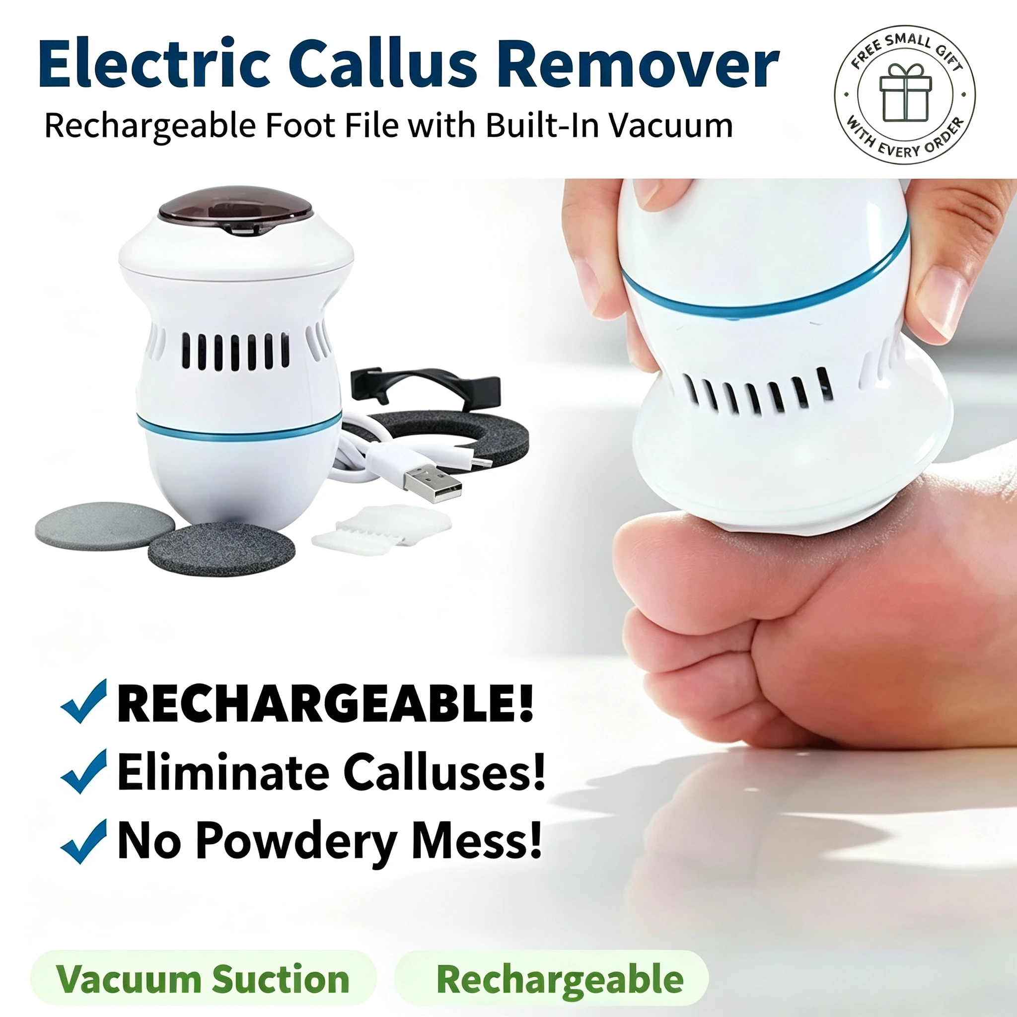 

Electric Callus Remover, Rechargeable Foot File with Built-In Vacuum, Portable Foot Care Tool for Dead Skin, Hard Skin and Callus Removal, Free Small Gift With Every Order