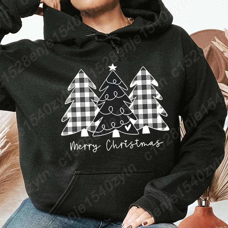 

Women Fashion Christmas Trees Merry Christmas Print Hoodies Pullovers Casual Sport Outdoor Pocket Long Sleeve Hooded Sweatshirts