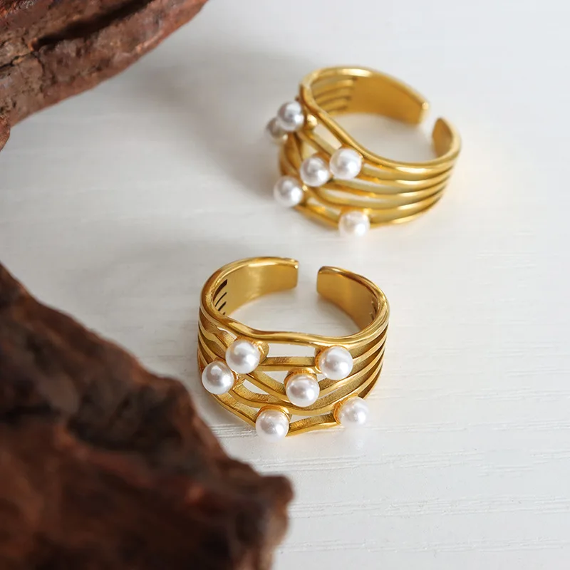 Imitation Pearl Ring Vintage Ripple Wave French Classical Simple Temperament Ring Fashion Ins Jewelry Gifts