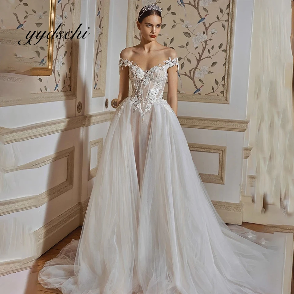 

Elegant Appliques Lace Tulle Sweetheart A-line Wedding Dresses For Women 2024 Court Train Bride Gown vestidos de novia