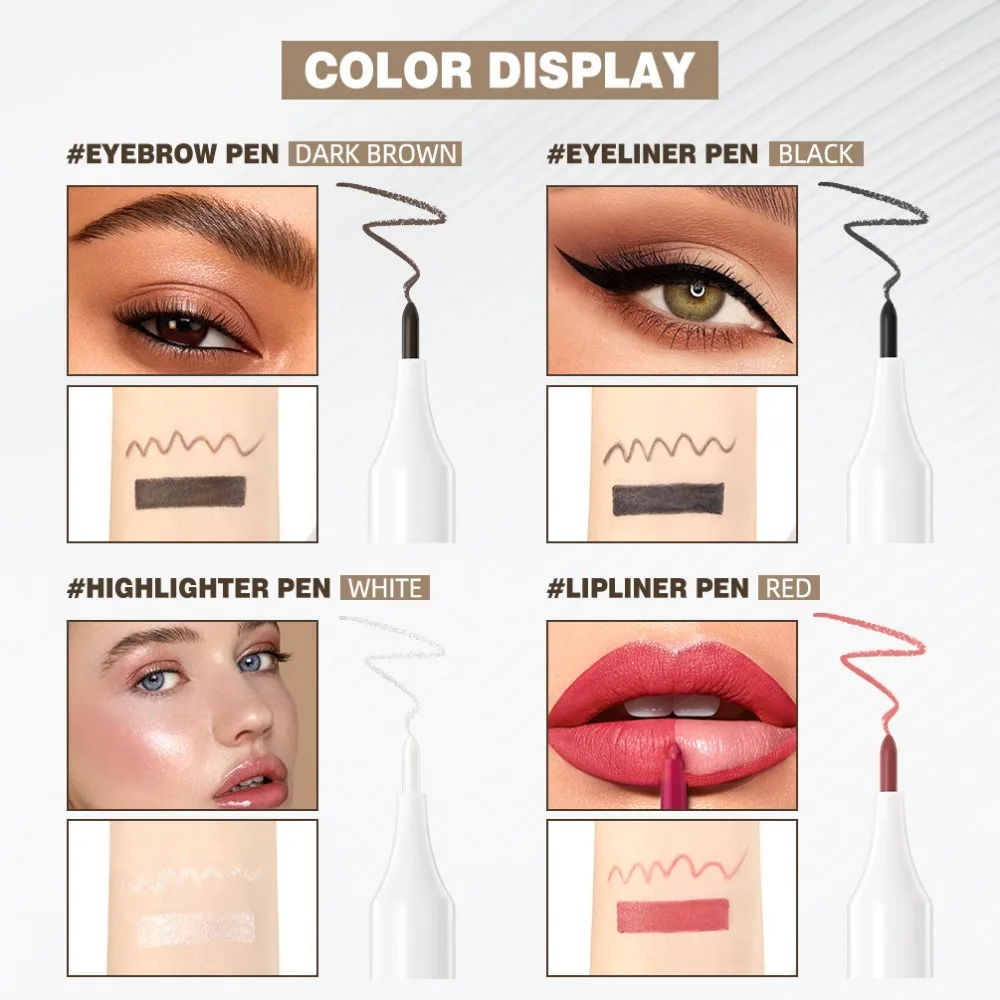 Pluma de maquillaje multifunción 4 en 1, delineador de labios, resaltador, sombra de ojos, lápiz de cejas, juego de 4 colores, bolígrafo de maquillaje, herramientas cosméticas