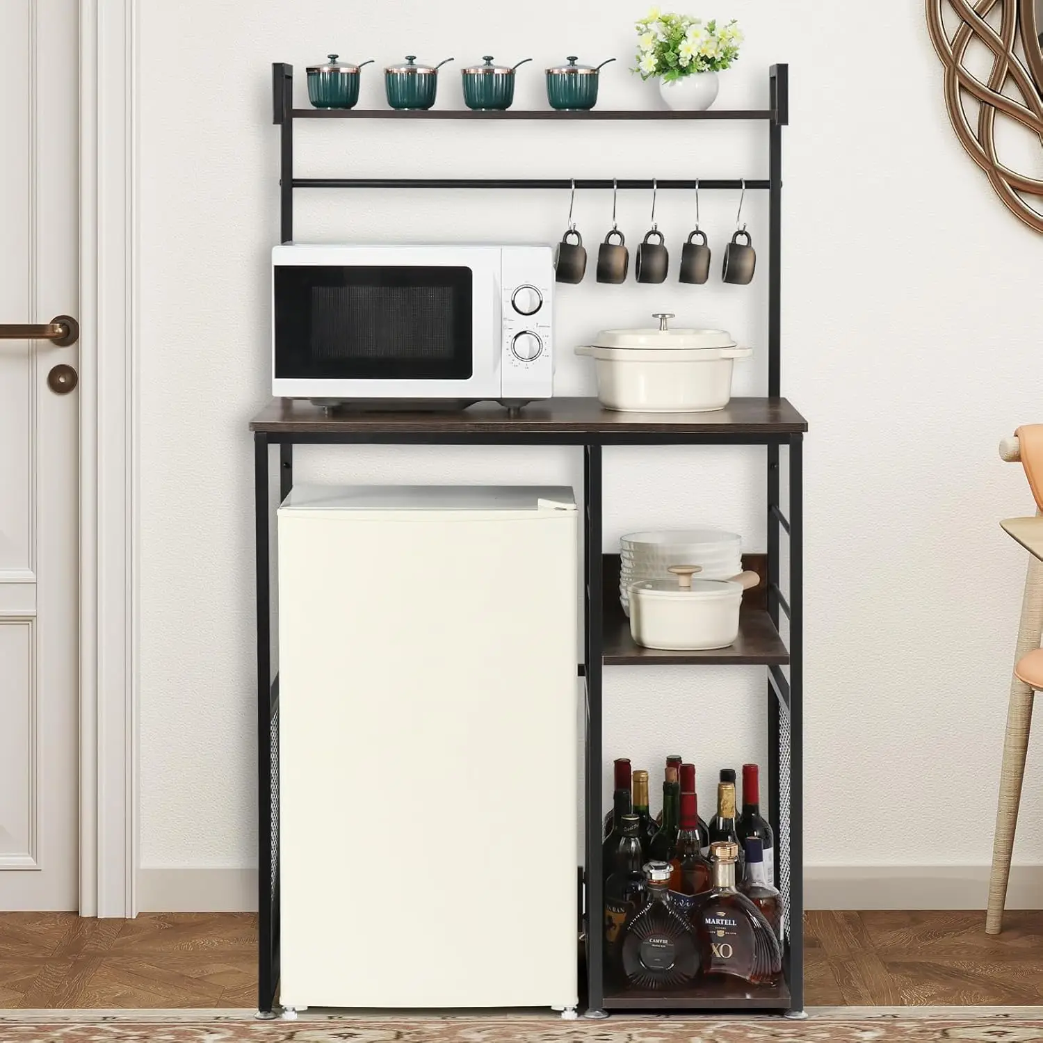 

4-Tier Mini Fridge Cabinet Microwave Stand With Storage, 22.8""D X 35""W X 60.9""H Bakers Ra Shelf With 5 S-Shaped Hooks,