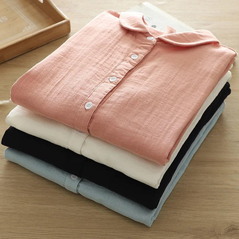 New Autumn Double-layer Cotton Yarn Solid Shirt Women Japan Style Loose Long Sleeve Top Girl Office Lady Work Wear Tops