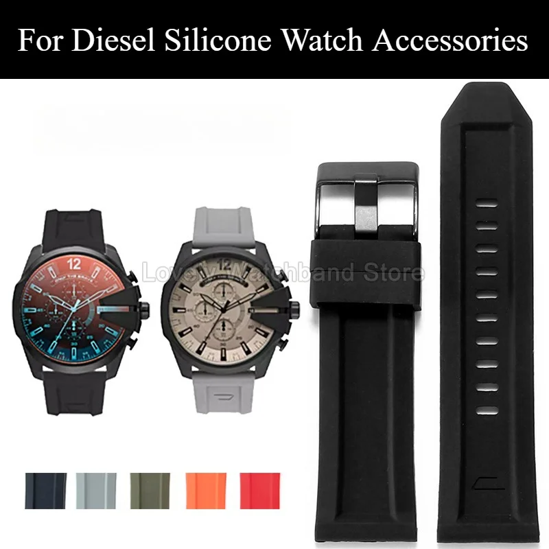 Durable Soft Rubber Watchband 26mm Flat End Pin Buckle for Diesel DZ7257 DZ4323 DZ7370 DZ4388 DZ7313 Fitness Sports Casual Strap