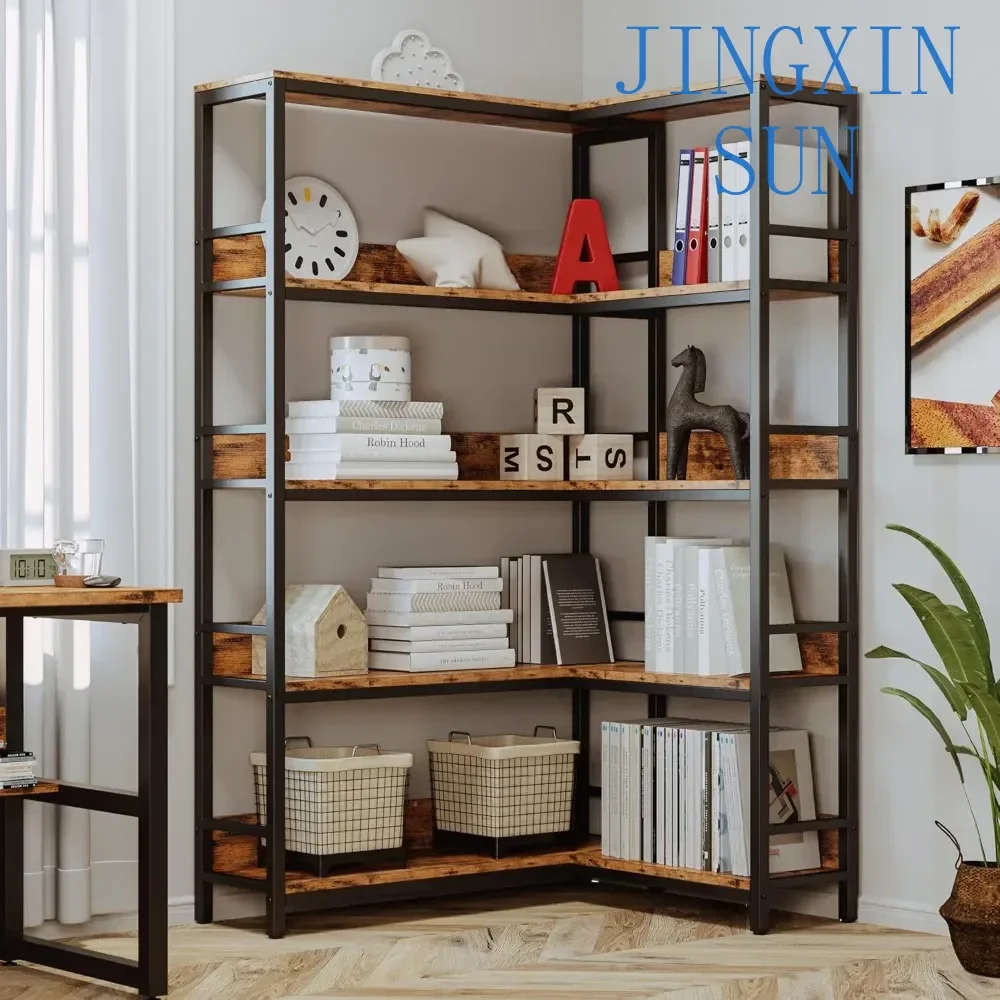 Commercial Simple 5 Tiers Corner Bookcases with Baffles Shelf Storage Rack with Metal Frame