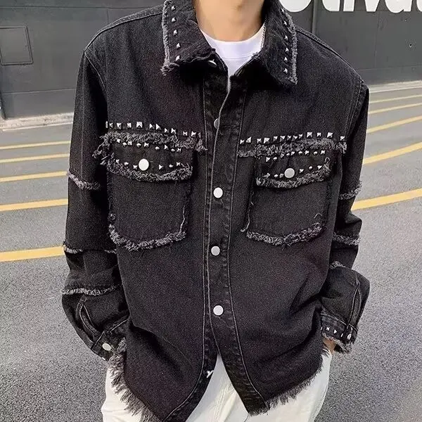 Veste en jean pour homme, style américain, avec rivets métalliques, style punk moto, coupe ample, tendance, effet délavé et effiloché, style workwear, printemps automne