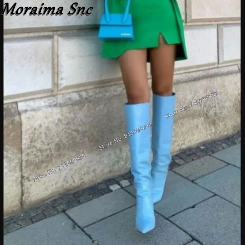 

Moraima Snc Blue Solid Stone Print Boots for Women Pointed Toe Slip on Knee High Boots Stilettos High Heels Runway Shoes on Heel