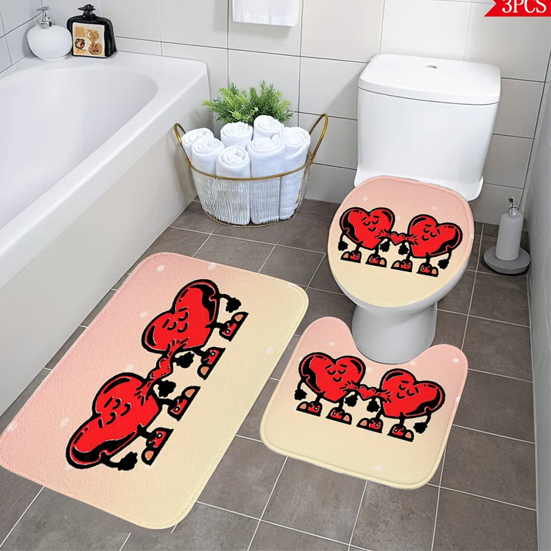 

Red Heart 3pc Bath Set – Valentine’s Day Design, Soft Non-Slip Toilet Cover, U Mat & Floor Rug, Machine Washable Decor