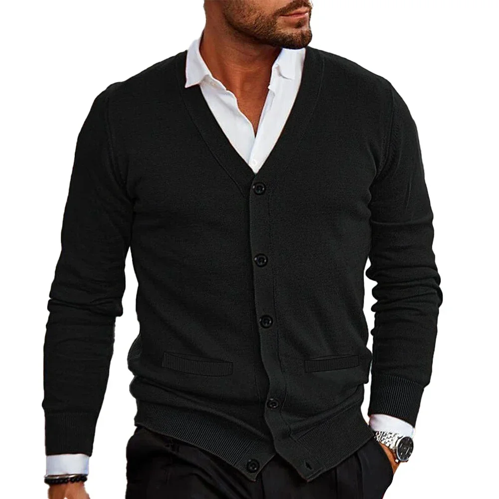 Cardigan vintage à col en V pour hommes, pull décontracté pour la maison, cardigan en tricot avec bouton sur le devant, monochrome, automne, hiver