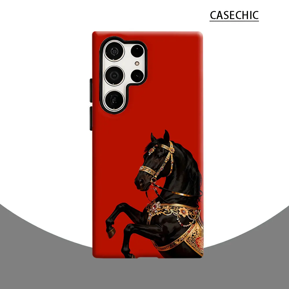 Ornate Black Horse Phone Case for Samsung Galaxy S26 S25 Ultra S24 S23 Ultra Plus Shockproof Double layer tough Back Cover