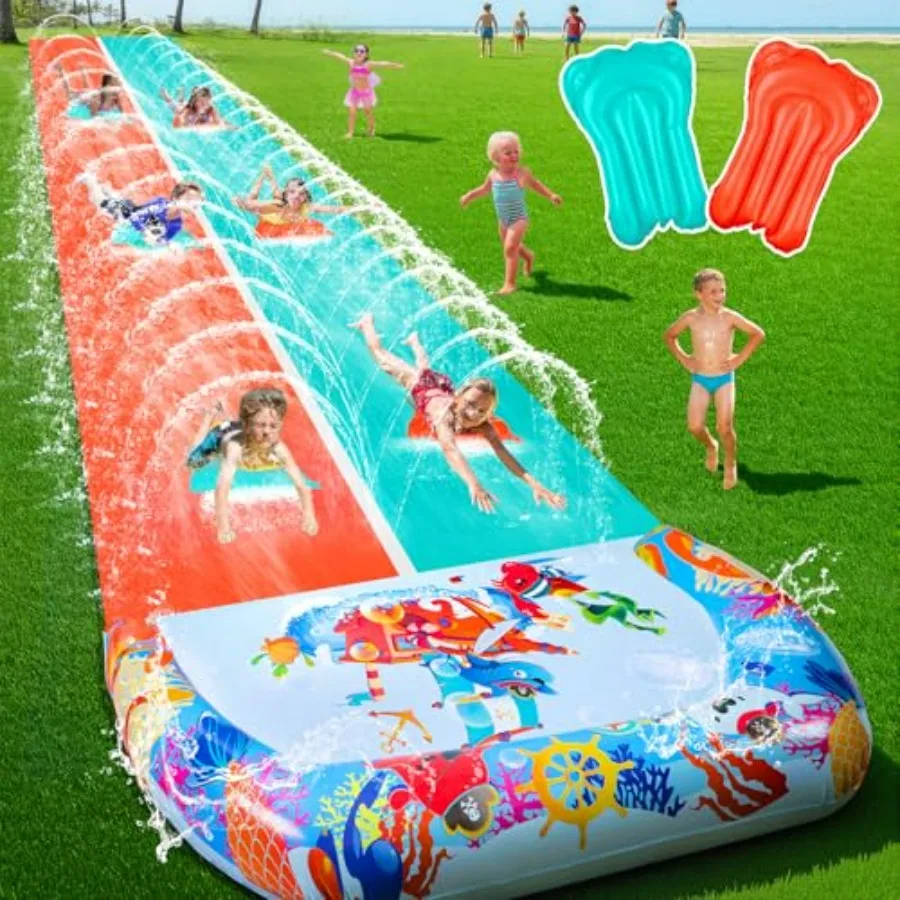 

Backyard water slide for kids and adults, heavy-duty PVC, blue/red, extra-long 46FT double slip with crash pad and 2 bodyboards