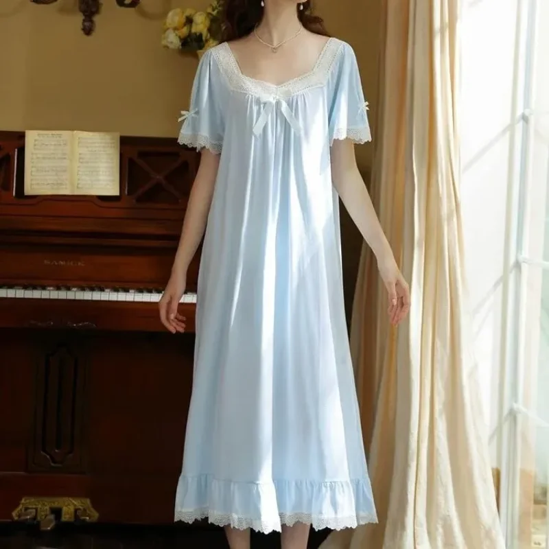

Women French Style Lace Nightgown Square Neck Short Sleeve Cotton Blend Loose Maxi Sleep Dress